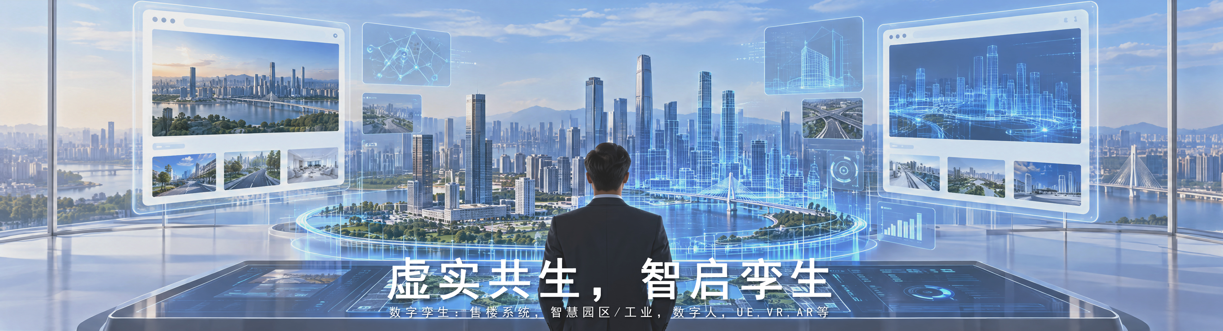 数字孪生：虚实共生，智启孪生。城市数字孪生与数据可视化界面场景。