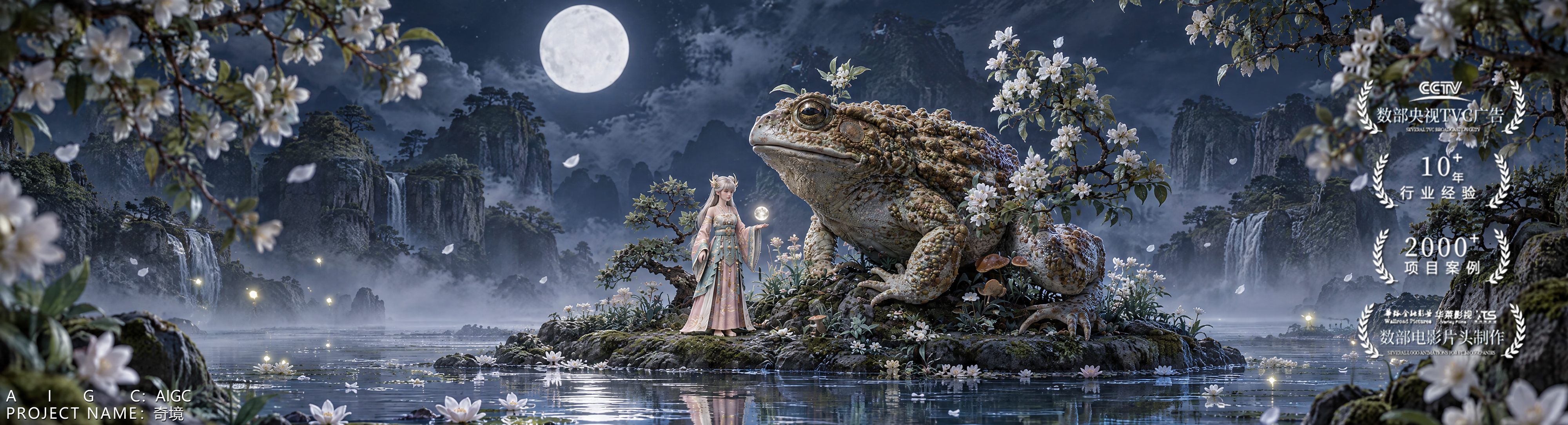 AIGC：月夜湖面奇幻场景，白衣人物与巨型蟾蜍相对。