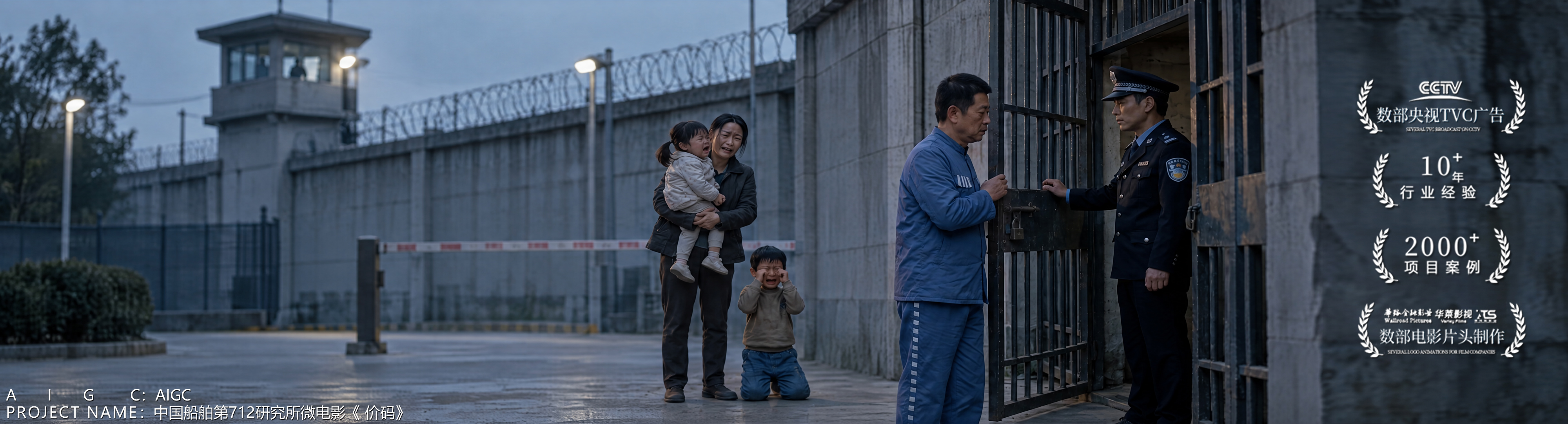 AIGC 主视觉 03:监狱大门前的探视场景,囚犯、家属与警员相望,底部标注AIGC·中国船舶第712研究所微电影《代价》,画面右侧带宣传徽标