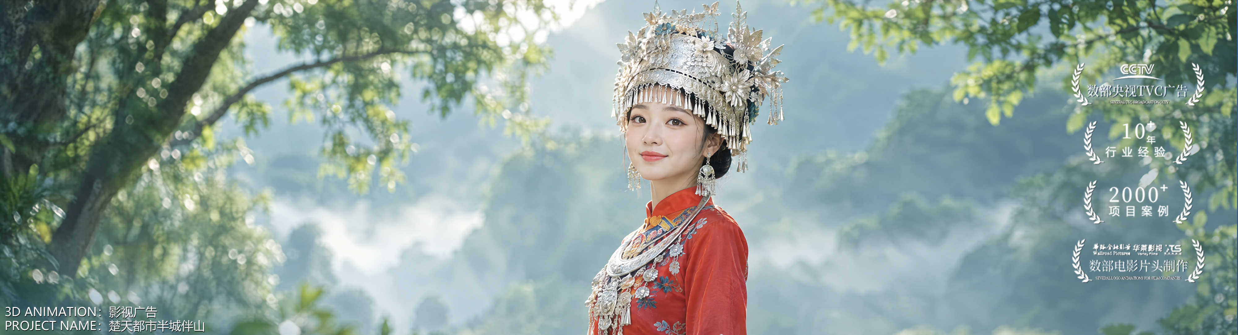 数字影视主视觉 03:红色民族服饰与银饰人物肖像,山林晨雾背景,底部标注影视广告·楚天都市半城伴山,画面右侧带宣传徽标