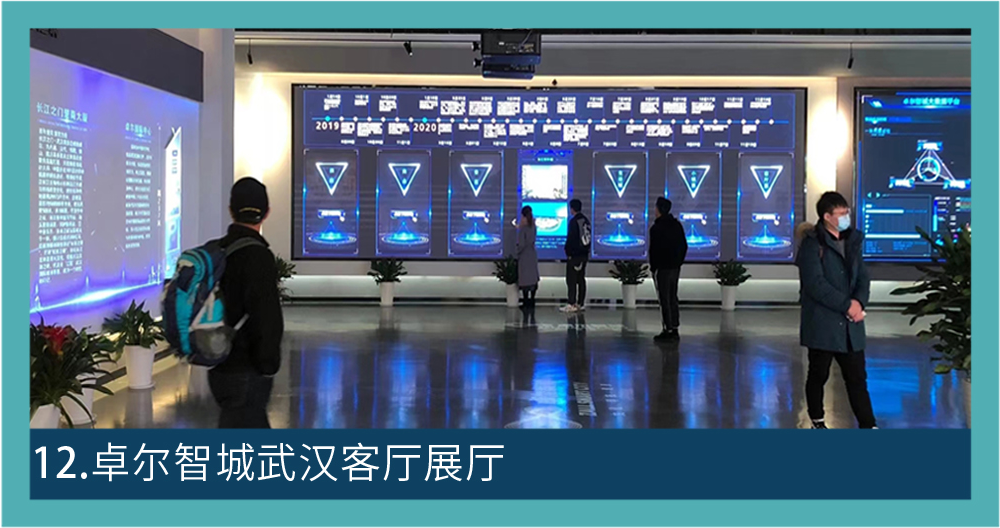 画面标注为卓尔智城武汉客厅展厅，参观者站在大型蓝色数据可视化显示墙前