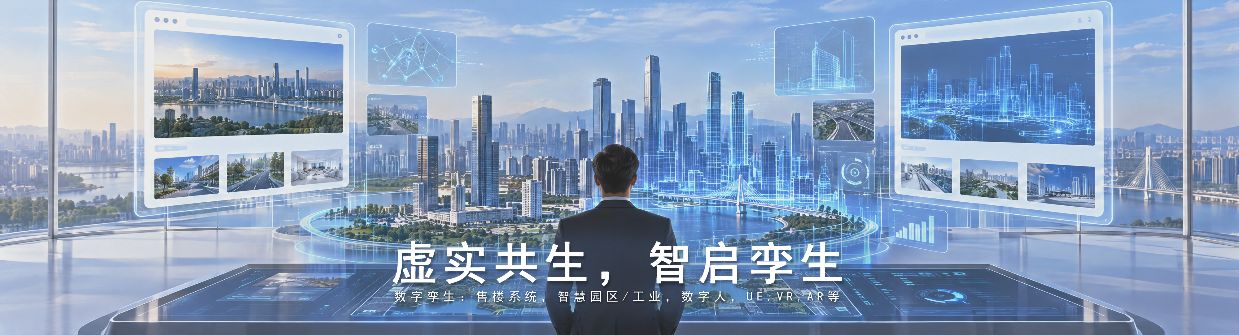 数字孪生主视觉 02:人物面向环绕式城市数字孪生界面与交互沙盘,画面标题为虚实共生,智启孪生