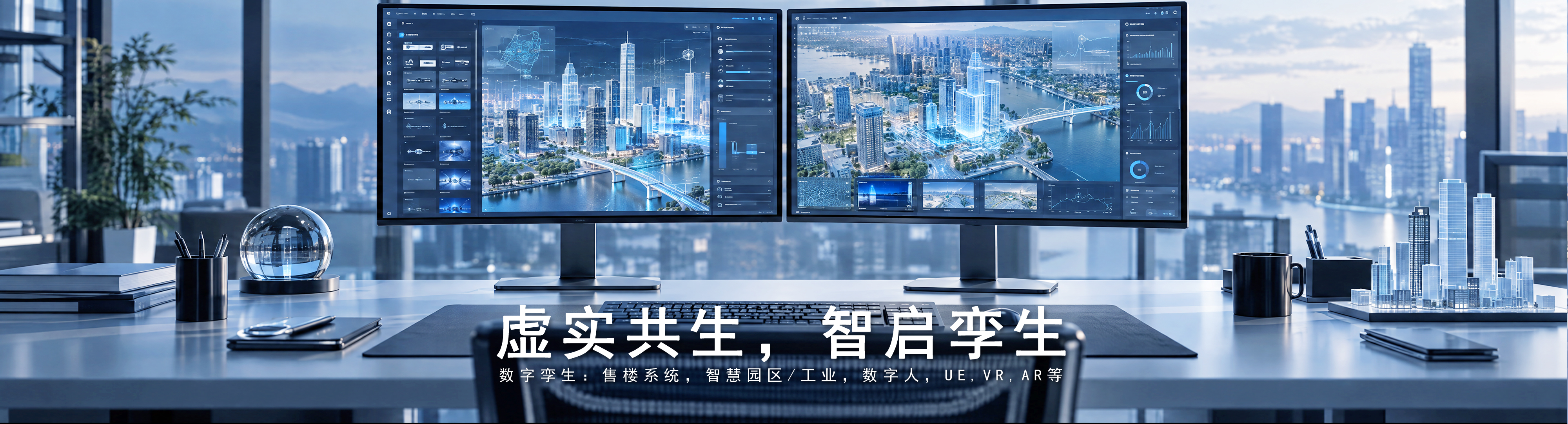 数字孪生主视觉 03:江景办公室中的双屏城市数字孪生工作台,画面标题为虚实共生,智启孪生